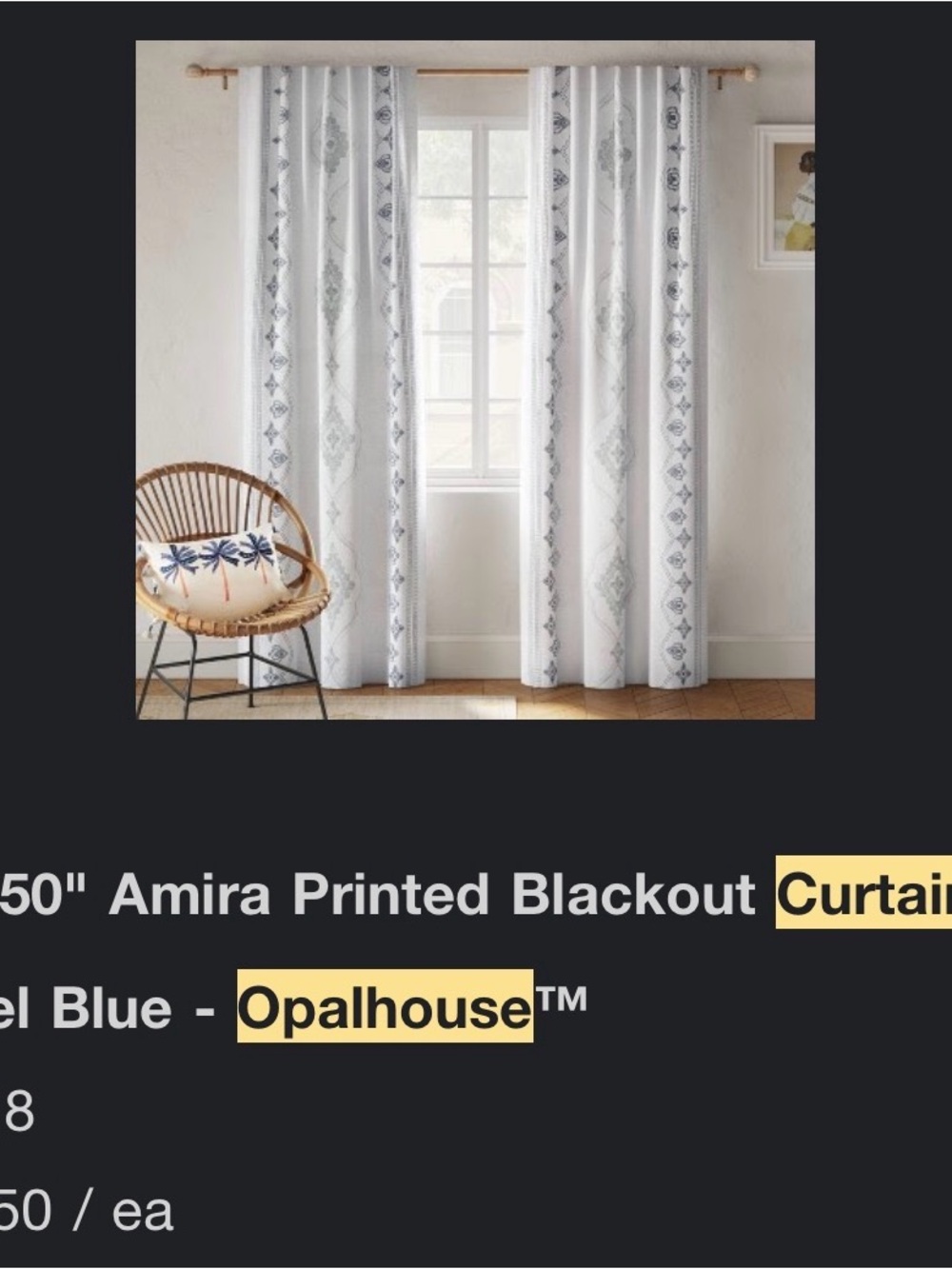 Opalhouse White Curtain Panel with Blue Geometric Border